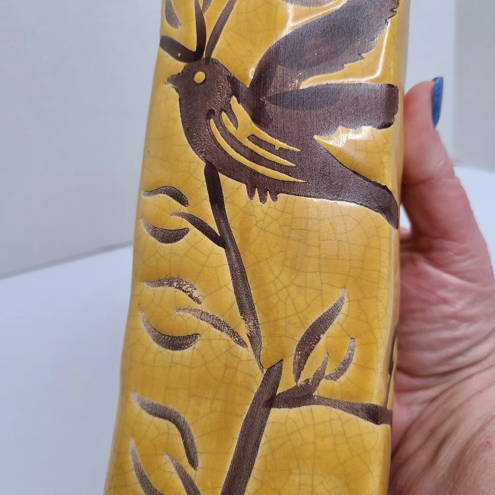 Vintage Bird Tree Hand Painted Tall Rectangular Vase Flower Vase Unique Boho